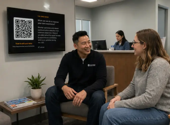 A waiting room where two people talk beneath a wall display showing a QR code and the blended one voice from 67 voices