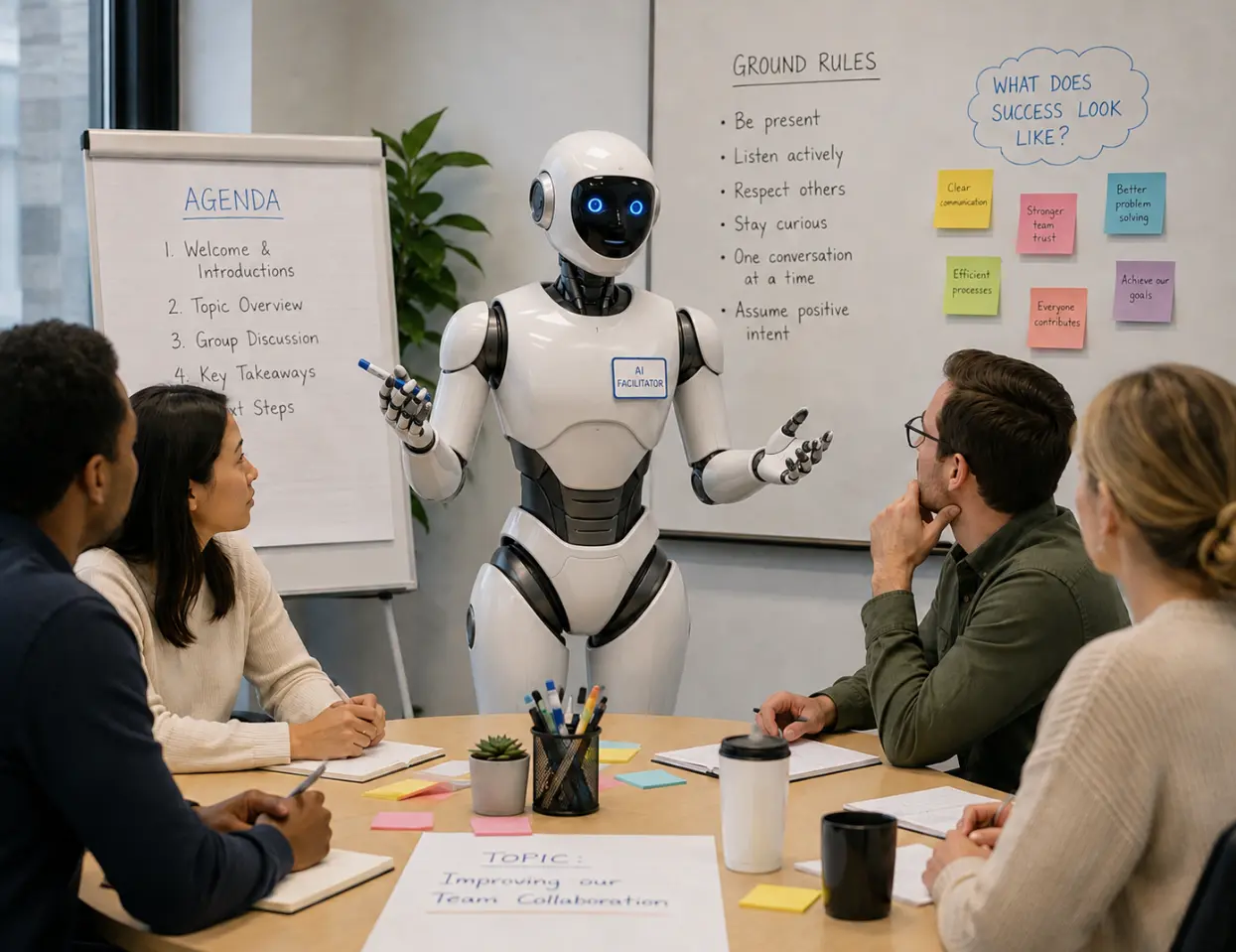 A humanoid AI agent wearing an “AI FACILITATOR” badge stands at a whiteboard holding a marker, gesturing toward four seated colleagues at a meeting table. Behind it are a flip chart headed “Agenda”, a list of ground rules including “Be present” and “One conversation at a time”, and a cluster of sticky notes under “What does success look like?”.