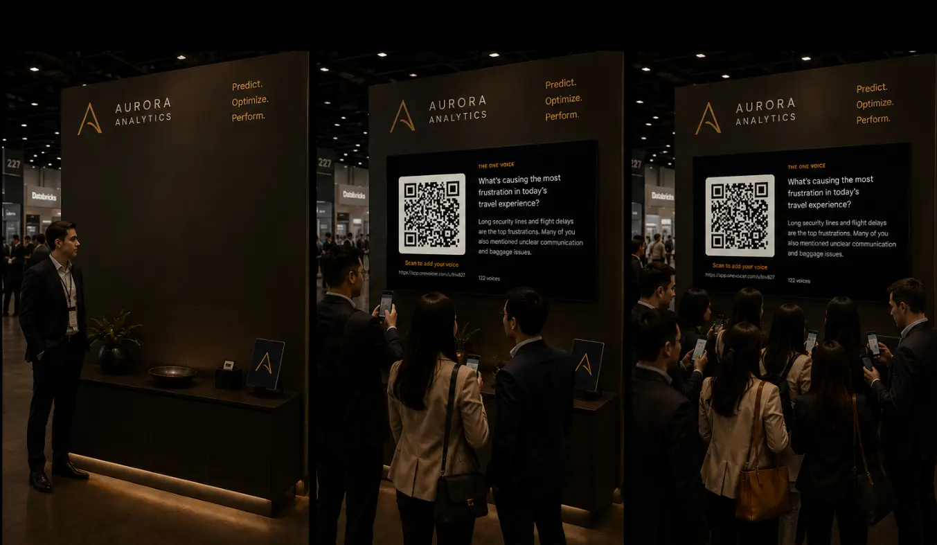 The same exhibition booth shown three ways: empty with one waiting rep, then a few people scanning a QR code on a screen, then a crowd gathered around it.