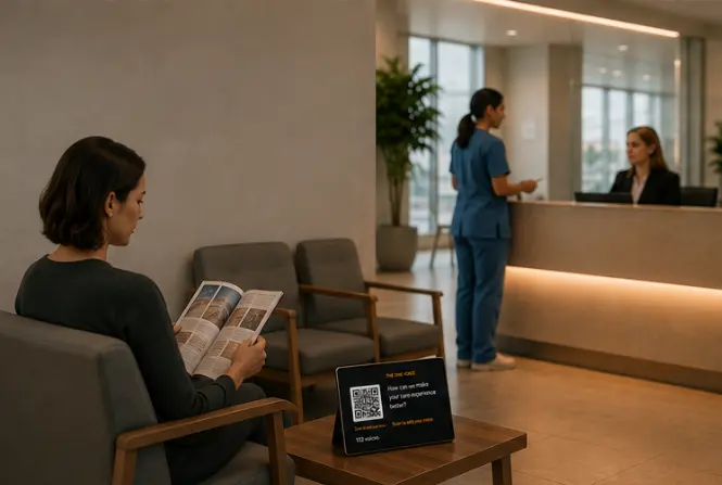 A patient reading in a clinic waiting room beside a small tabletop screen reading “The one voice: how can we make your care experience better?” with a QR code, while staff talk at the reception desk in the background.