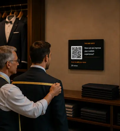 A master tailor measuring a customer for a suit in front of a screen reading “The one voice: how can we improve your custom experience?” with a QR code.