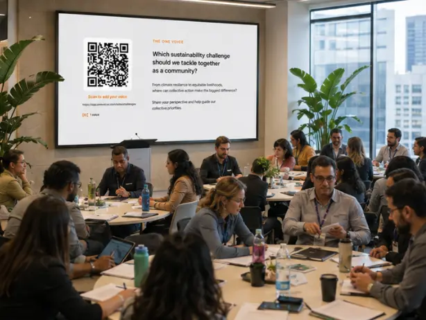 A room of people working at round tables during a community session, with a One Voicer screen asking “Which sustainability challenge should we tackle together as a community?”