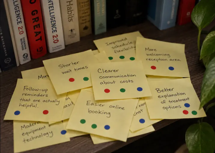 A pile of dot-voted sticky notes with ideas like “Shorter wait times” and “Easier online booking” lying on a bookshelf in front of a row of business books.