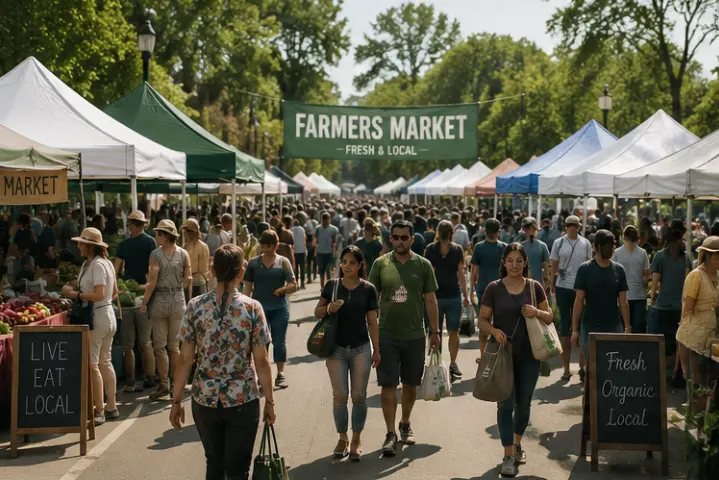 A busy outdoor farmers market with shoppers walking between white-tented stalls under a banner reading “Farmers Market, Fresh & Local,” past chalkboard signs.