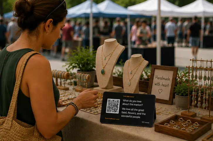 A shopper browses a handmade jewelry stall beside a propped tablet showing One Voicer: the question “What do you love about the market?”, a blended answer, a QR code, and a count of 127 voices.
