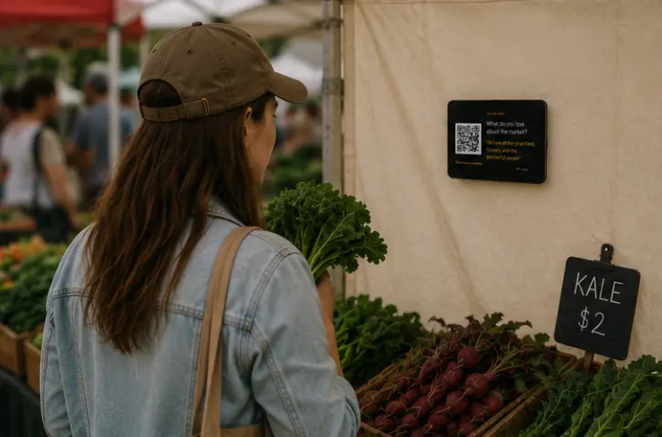 A shopper holding a bunch of kale looks at a small tablet mounted on a market stall showing a question and a QR code to scan, beside a “Kale $2” chalkboard.