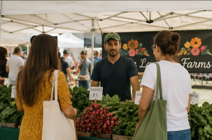 A vendor in a cap stands behind a produce stall with bunches of radishes priced at $3, talking with two shoppers carrying tote bags.