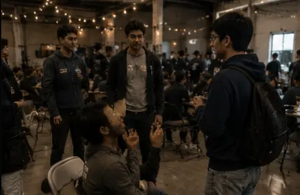 Hackathon participants standing and talking animatedly in the venue, one gesturing mid-story, with tables of other attendees in the background.