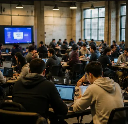 A large industrial room full of hackathon participants working at long tables on laptops, with a presentation screen glowing at the front.