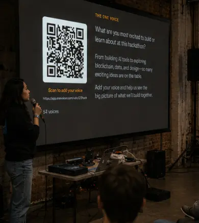 A presenter with a microphone beside a large screen showing the question “What are you most excited to build or learn about at this hackathon?”, a QR code labelled “Scan to add your voice,” and a blended answer from 54 voices.