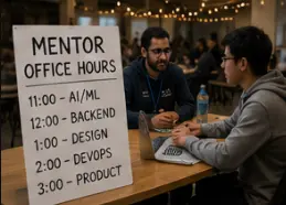 A hand-lettered “Mentor Office Hours” sign listing topic slots for AI/ML, backend, design, DevOps, and product, with a mentor and participant talking at a table behind it.