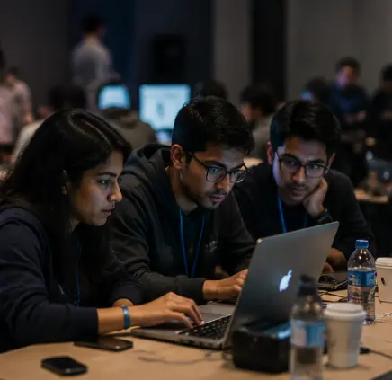 Three hackathon teammates leaning in close around one laptop, concentrating on the screen in a dark venue.
