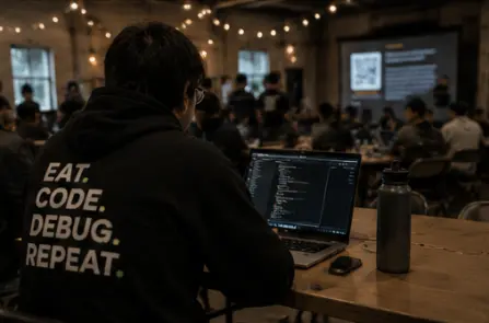 A hackathon participant in a hoodie reading “Eat. Code. Debug. Repeat.” working on a laptop, with the venue screen glowing in the background under strings of lights.