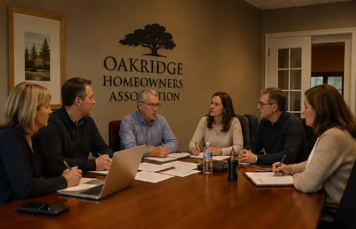 Six board members around a wooden conference table at a homeowners association meeting, with papers, notebooks, and a laptop.