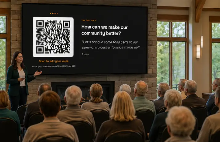 A presenter in a community clubhouse gesturing at a large screen showing the question “How can we make our community better?”, a QR code, and a blended answer, while seated residents look on.