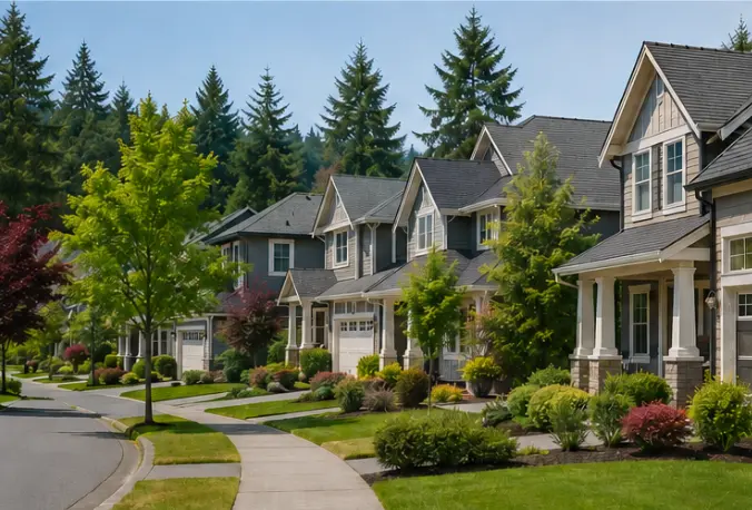 A tree-lined suburban street of gray and beige houses with tidy front yards and a curving sidewalk.