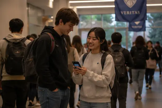 Two students in a university hallway between classes, smiling at a phone one of them is holding.