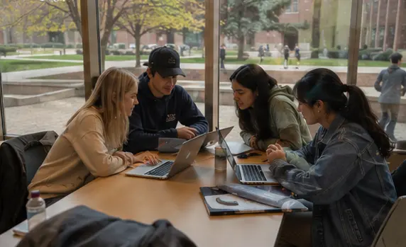 Four students working together around laptops at a table by a window, with a campus quad visible outside.