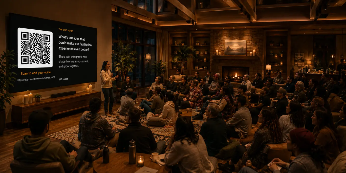 A facilitator with a microphone in a warm lodge room, a fire going, with a few dozen people seated on couches and the floor around her, and a screen behind her showing a QR code and the question “What’s one idea that could make our facilitation experience even better?”