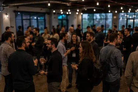 A full meetup room of people standing and talking in small groups under strings of lights after a talk.