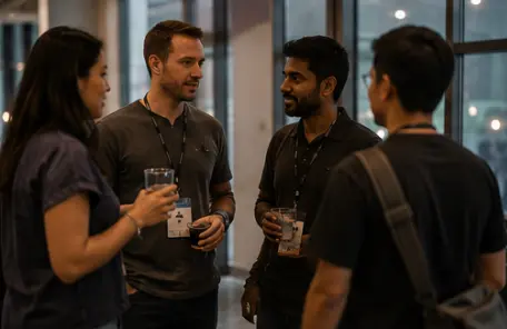 Four meetup attendees with drinks and lanyards talking in a small circle near a window.