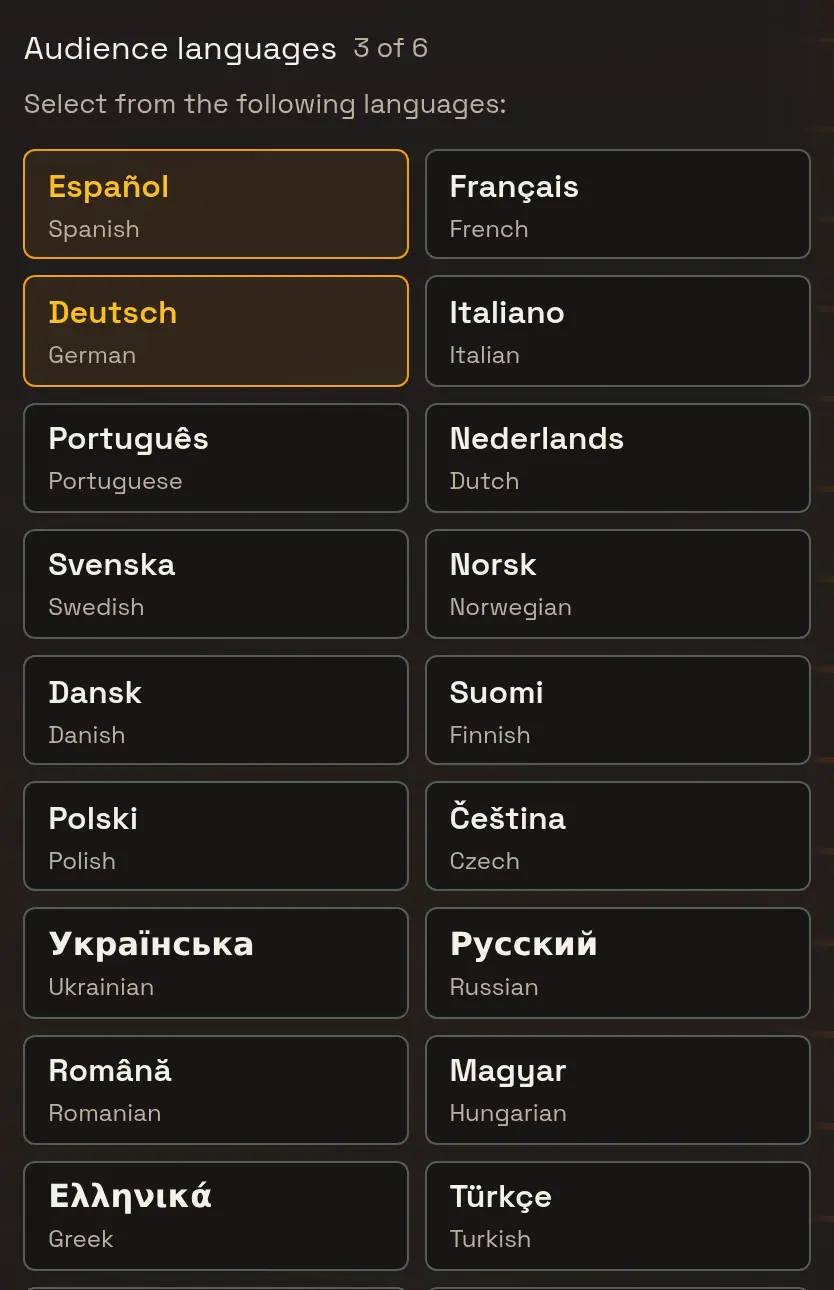 The audience languages picker in OneVoicer’s voicer settings: a grid of language pills with native and English names, showing Spanish, German, and Arabic selected and a counter reading 3 of 6.