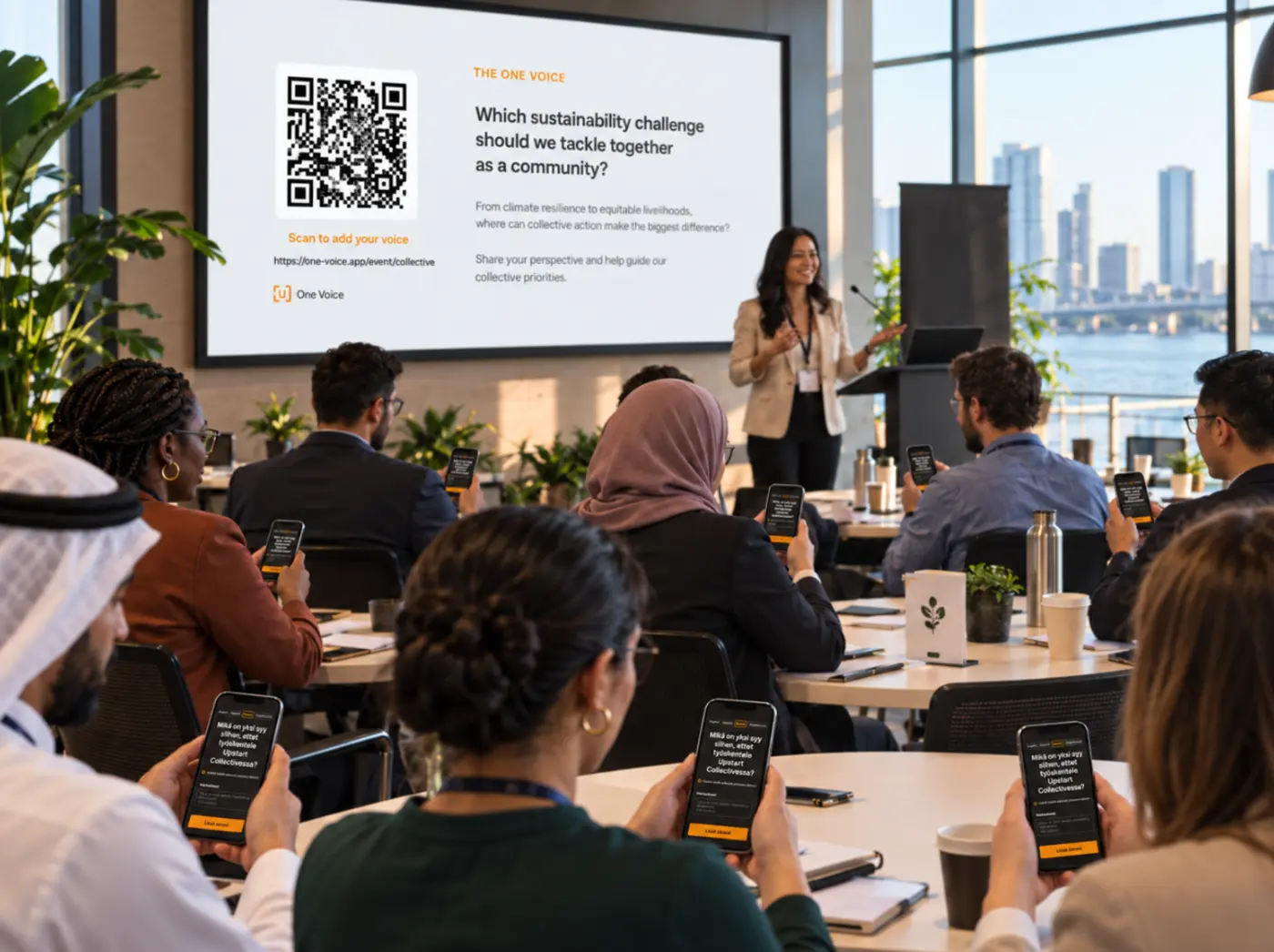A facilitator at the front of a bright room with a large screen showing a QR code and a question, while people at round tables read the same question on their phones in different languages.