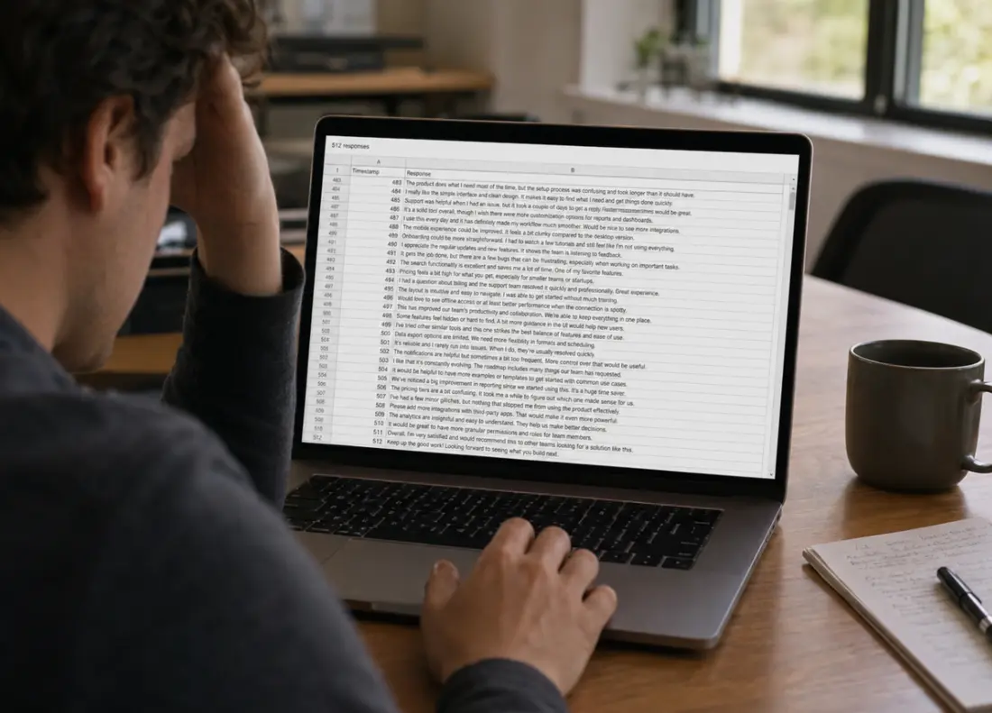 A person at a laptop resting a hand on their forehead, looking at a spreadsheet labelled “512 responses” with hundreds of rows of free-text survey answers.