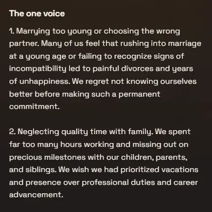 The one voice reformatted as a numbered list of regrets, showing the first two items: marrying too young or choosing the wrong partner, and neglecting quality time with family.