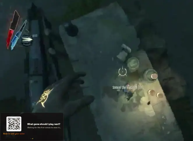 A dark first-person game scene with a small overlay card in the bottom-left corner showing a QR code and the question “What game should I play next?”