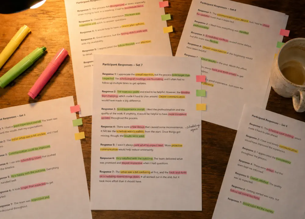 Printed pages of survey responses on a desk, phrases marked in yellow, green, and pink highlighter with color-coded sticky tabs and a handwritten margin note reading “scheduling, again.”