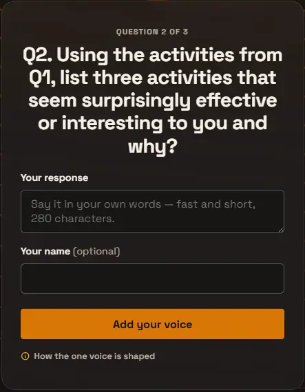 Question 2 of 3 as respondents saw it: “Q2. Using the activities from Q1, list three activities that seem surprisingly effective or interesting to you and why?”, with a response box and an Add your voice button.