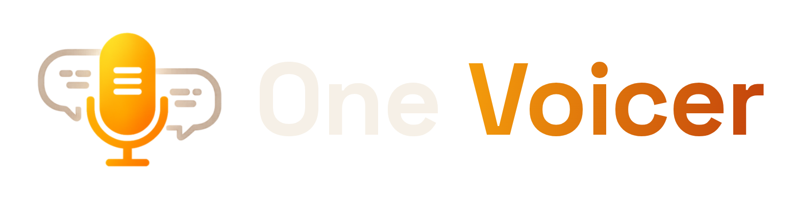 OneVoicer horizontal logo: a microphone over two speech bubbles, followed by the wordmark