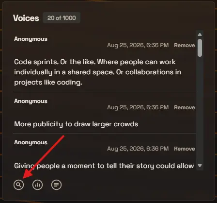The Voices panel listing anonymous voices, with an arrow pointing at the magnifying-glass icon in the small tool row at the panel’s bottom left.