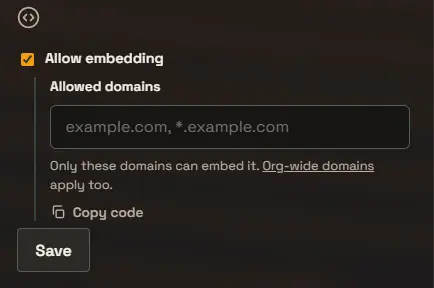 The “Embed on your site” settings behind the <> icon: an “Allow embedding” checkbox (checked), an “Allowed domains” field with the placeholder example.com, *.example.com, the note “Only these domains can embed it. Org-wide domains apply too,” a “Copy code” action, and a Save button.