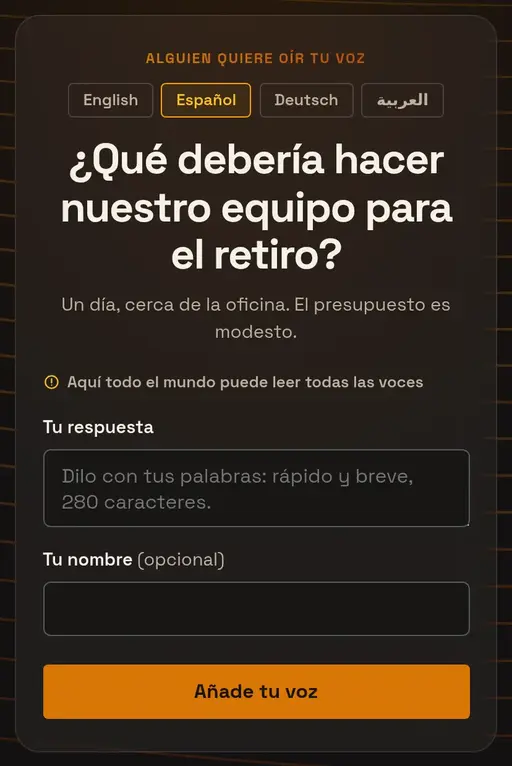 A phone showing the respond page in Spanish: a row of language pills reading English, Español, Deutsch, and Arabic under the heading, the question and details in Spanish, and the reply form labelled in Spanish.