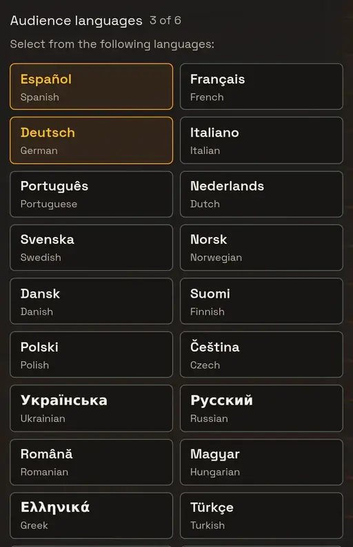 The Languages fold of a voicer’s settings: a presenter language select reading English, then an Audience languages grid of pills with native and English names, with Spanish, German, and Arabic selected and a counter reading 3 of 6.
