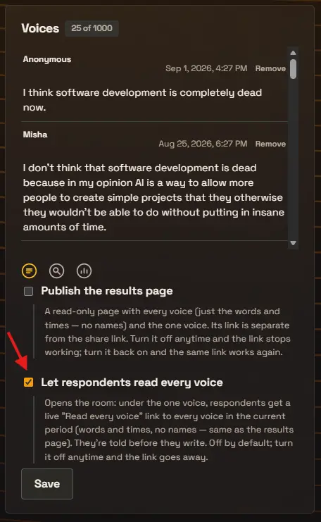 The Voices panel listing two responses with names and timestamps, and below it two checkboxes: “Publish the results page” unticked, and “Let respondents read every voice” ticked, with a Save button.