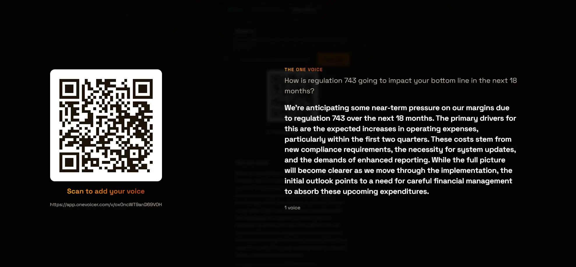 The full-screen Present view on a dark background: a large QR code on the left under “Scan to add your voice” with the share link, and on the right “THE ONE VOICE” with the question and the blended answer, plus a voice count.