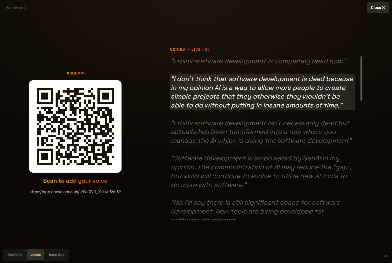 The full-screen stage in Voices mode: the QR code under “Scan to add your voice” on the left, a live list headed “Voices, live, 25” on the right with one voice highlighted, and a mode strip at the bottom left reading OneVoice, Voices, Deep dive.