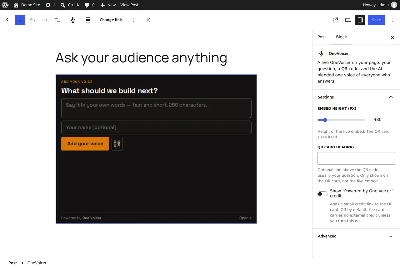 The WordPress block editor with the OneVoicer block selected: the live embed previewed in the post, and the Block sidebar showing the OneVoicer description, an Embed height slider set to 480, a QR card heading field, and a “Show Powered by OneVoicer credit” toggle, off.