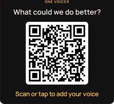 The OneVoicer QR card on a WordPress page: a dark card with a “OneVoicer” kicker, the heading “What could we do better?”, a large QR code, and the line “Scan or tap to add your voice.”