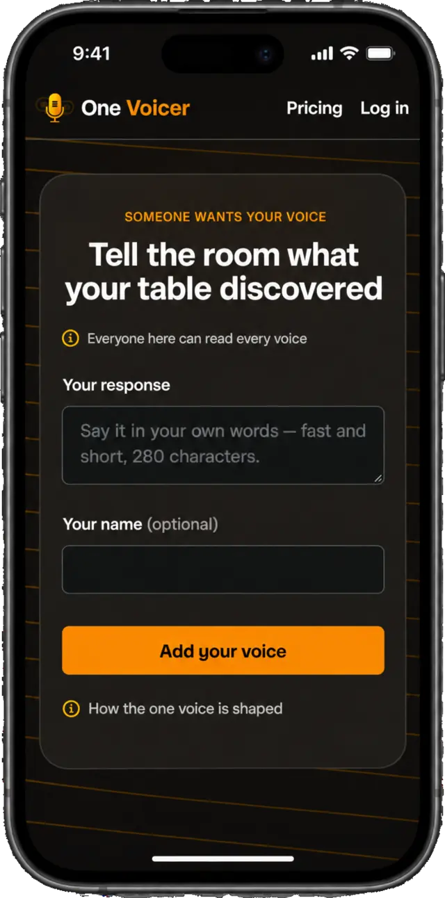 The OneVoicer respond screen on a phone: the question ‘Tell the room what your table discovered’, a text box and an Add your voice button