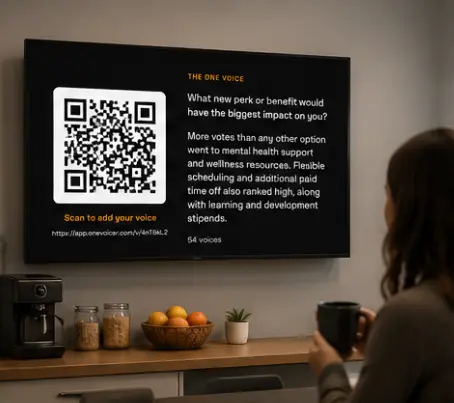 A printed One Voicer QR code posted in an office break room, with an employee scanning it to leave anonymous feedback from their phone.