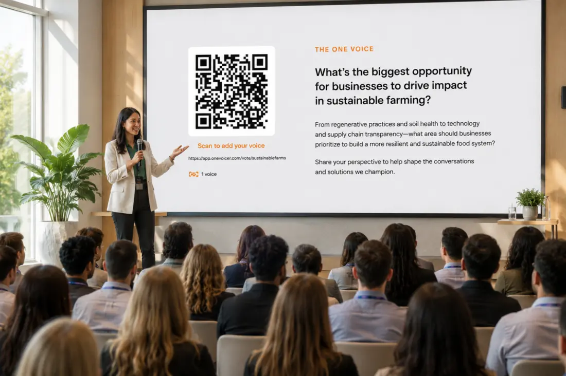 An event host with a microphone addressing a seated audience, beside a screen showing a One Voicer question, QR code and blended answer.