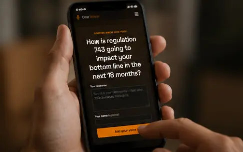 A hand holding a phone, answering a One Voicer question in the browser, no app to install.