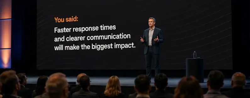 A speaker on a keynote stage in front of a large screen reading “You said: Faster response times and clearer communication will make the biggest impact,” with the audience seated in front.