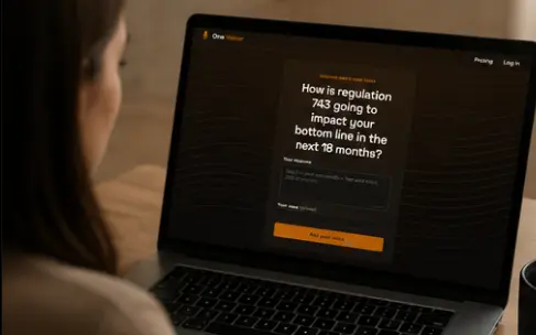 A laptop showing a One Voicer question with a response box and an “Add your voice” button.